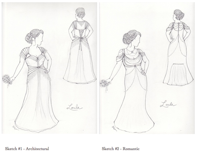 Loula's custom wedding dress sketches 1&2