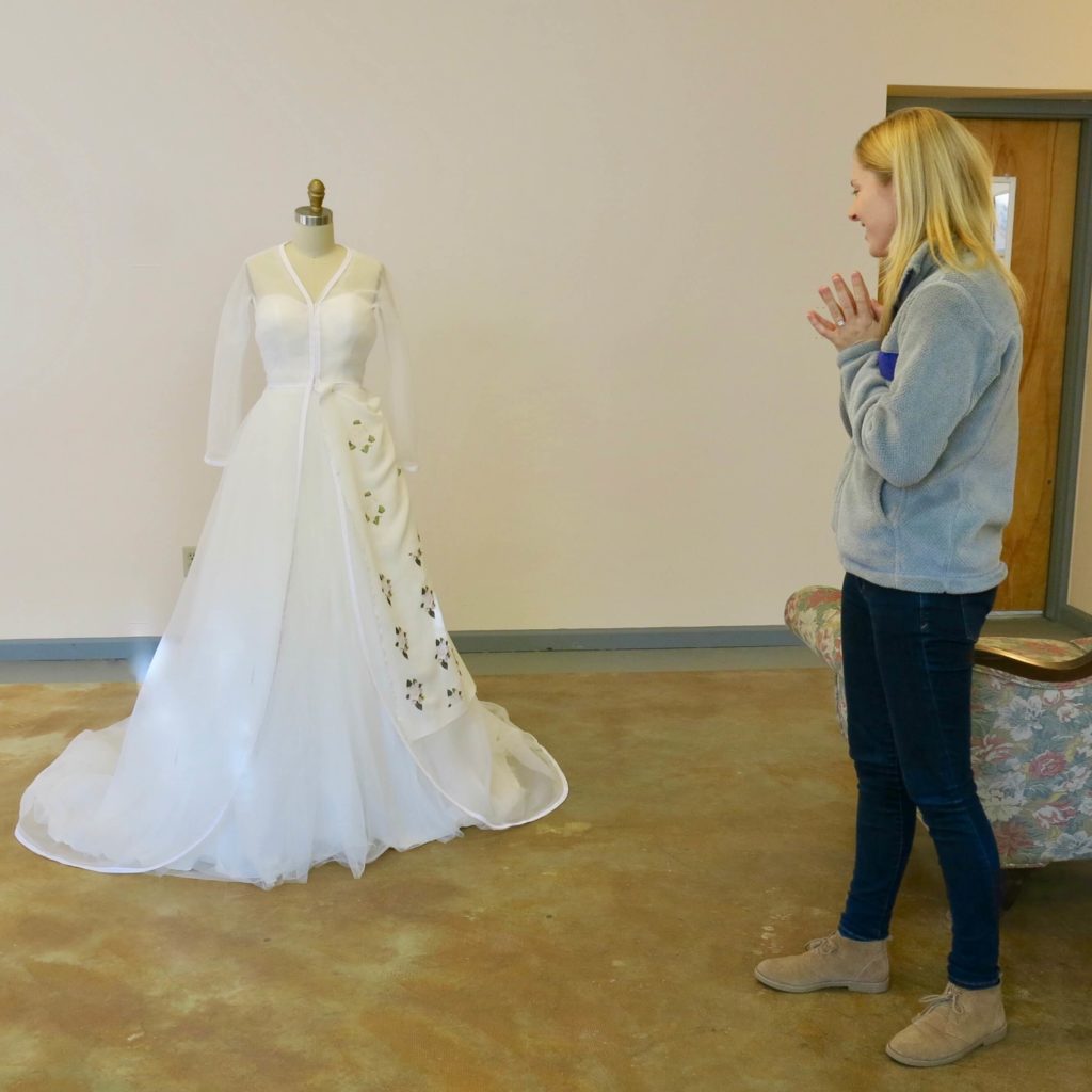 Cameron's first mockup fitting with Brooks Ann Camper Bridal Couture