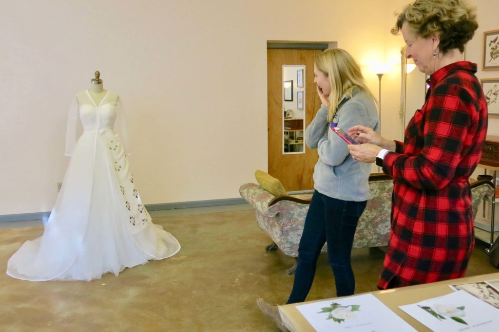 Cameron's first mockup fitting with Brooks Ann Camper Bridal Couture