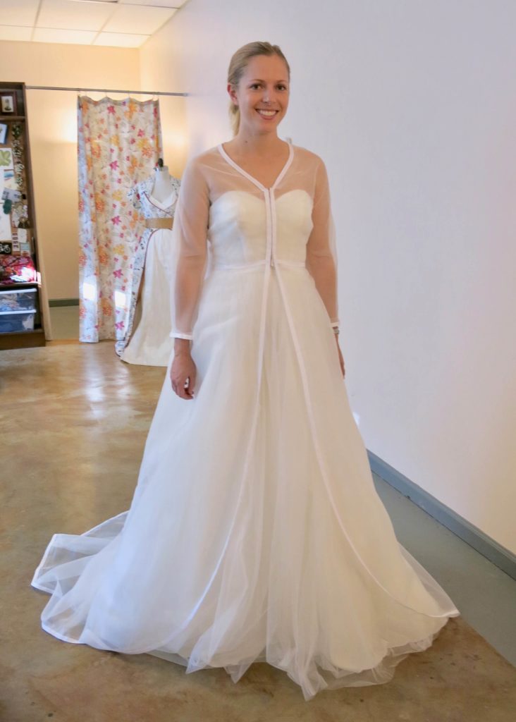 Cameron's first mockup fitting before corrections with Brooks Ann Camper Bridal Couture