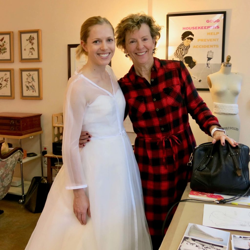 Cameron's first mockup fitting with Brooks Ann Camper Bridal Couture