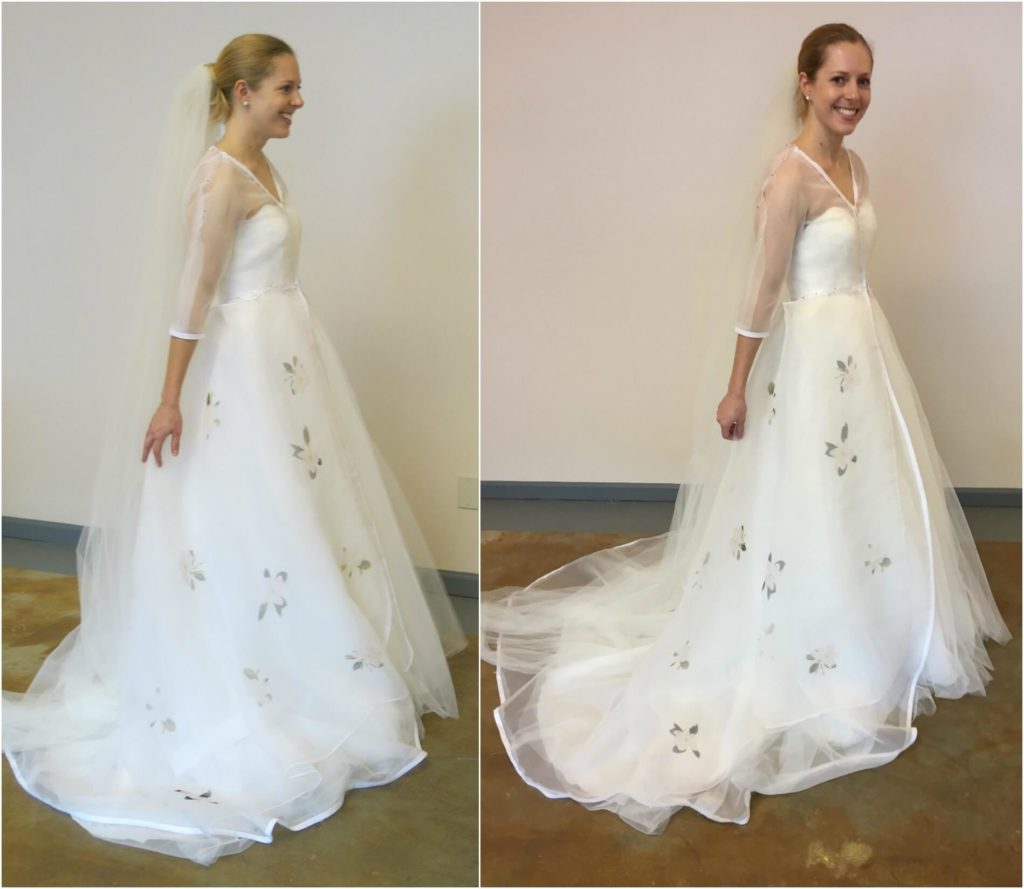 Cameron in her second mockup with the floral fabric sample | Brooks Ann Camper Bridal Couture