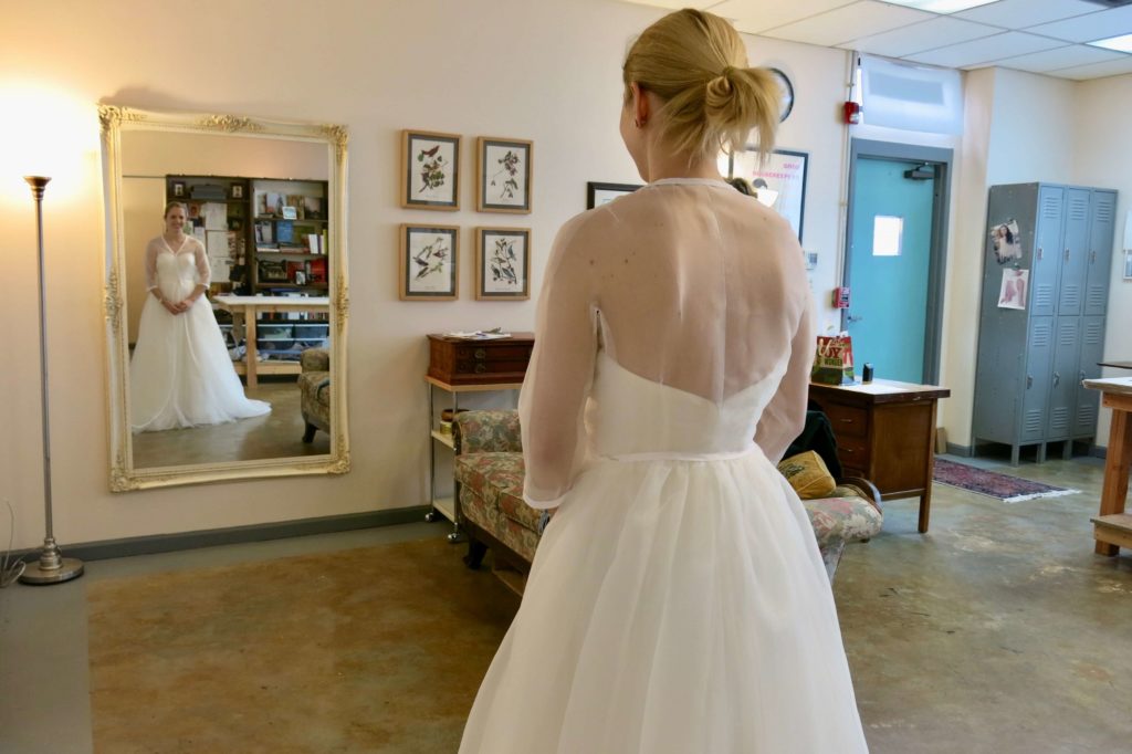 Cameron's second mockup fitting by Brooks Ann Camper Bridal Couture