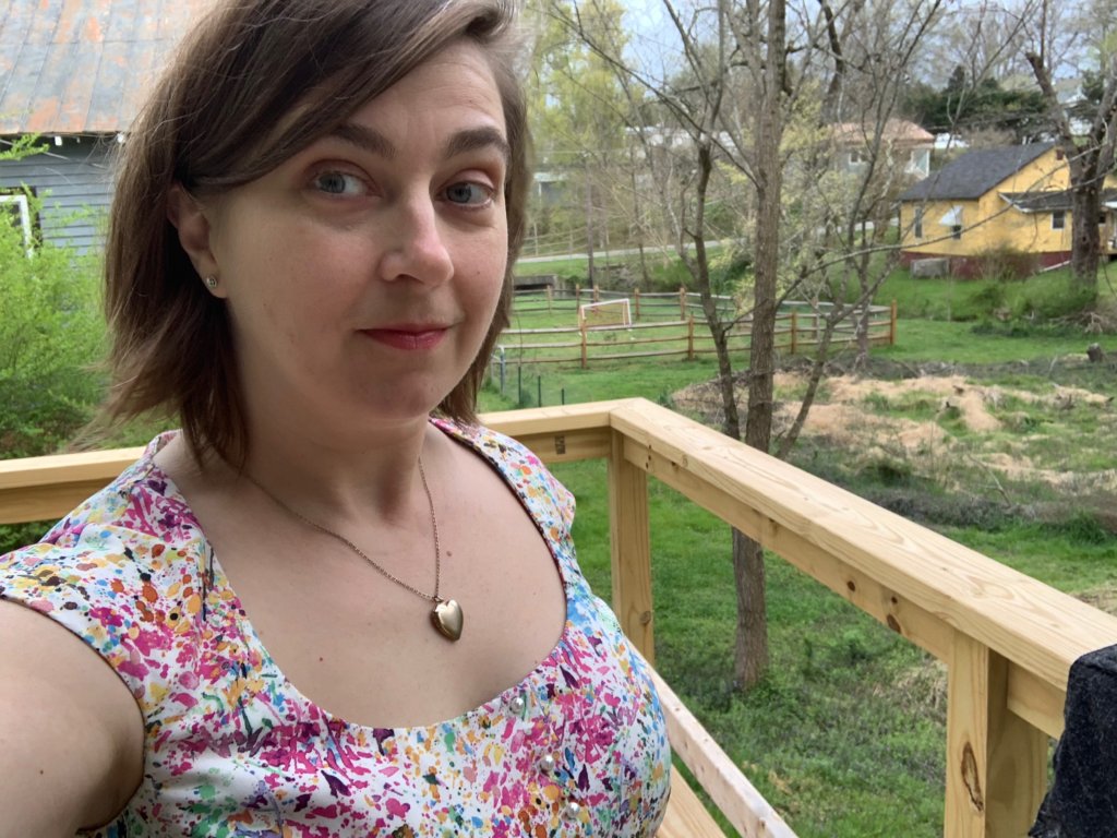 Head and shoulders selfie of Brooks Ann wearing the dress