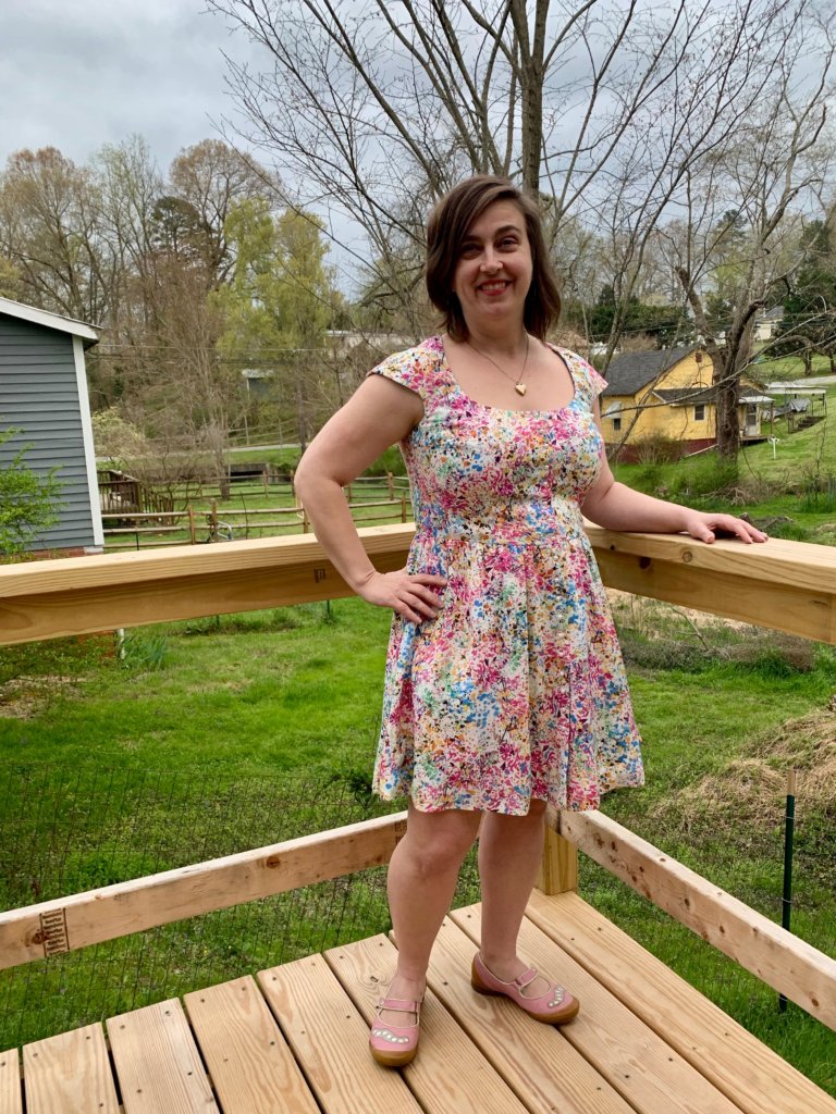 Brooks Ann on her back porch in the completed dress